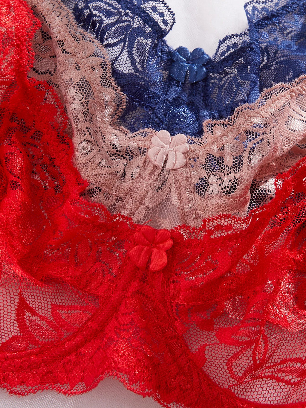 Hot Babe 3-Piece Women's Sexy Bras Hollow-Out Lace Patchwork Bow Unlined Bra Women