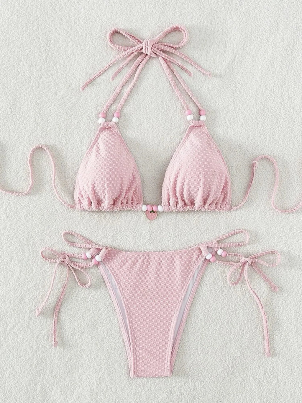 Sexy Pink Bikini 2024 Swimsuit Women White Pearl Strap Push Up Micro Swimwear Brazilian Bathing Suit Tie Side Thong Bikinis Sets