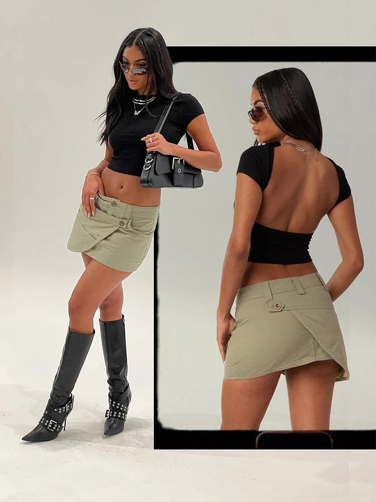 Women's O-neck Backless T-shirt Short Sleeve Solid Color Crop Top Summer Cute Baby Tee Y2K Clothes Bodycon Tunics Fashion Tank