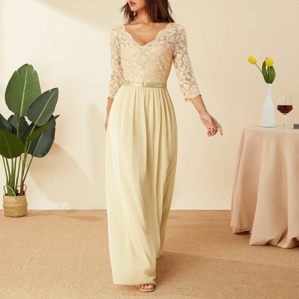 Elegant Lace Chiffon A-Line Long Dresses Women Wedding Dress Bridesmaid Dresses V-neck Mid-Sleeve Backless Zipper Female Dress