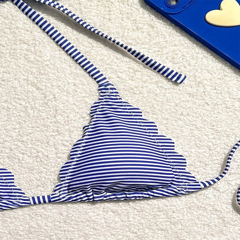 Women's Blue Stripe Print Two Piece Swimsuit Sexy Mini Triangle Cup Bra Halter Backless Bikini Set 2024 Summer Beach Swimwear