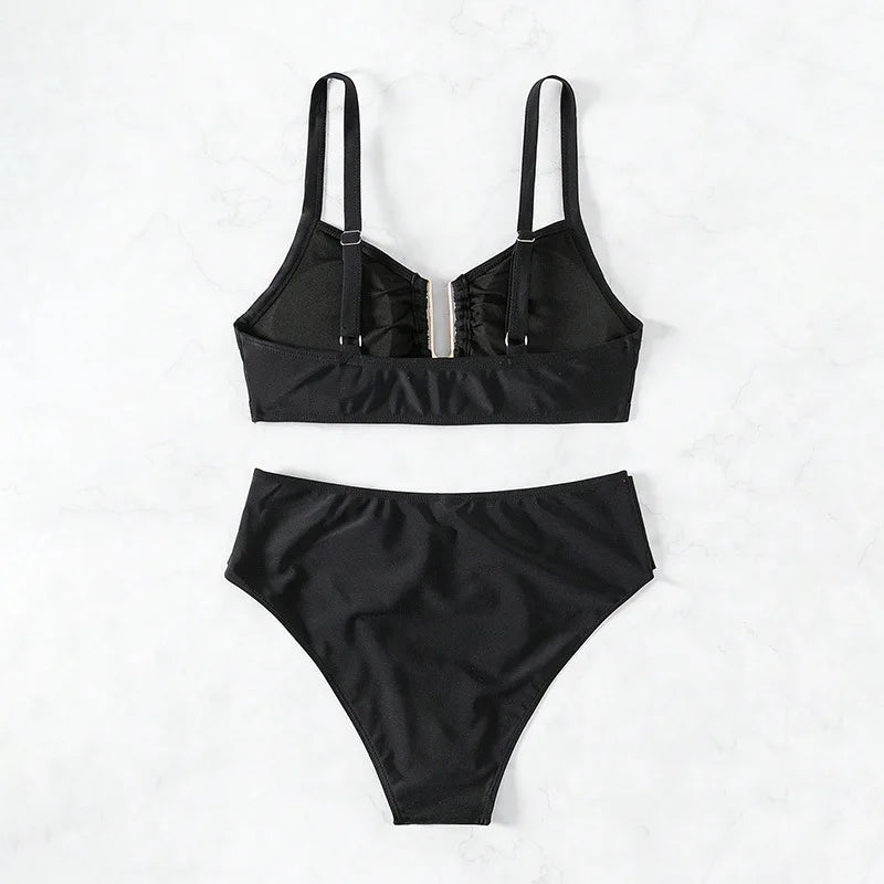 Solid Color High Waist Two Piece Swimsuit for Women U-neck Suspender Backless Bikini Set Beach Vacation Bathing Suit 2025 New