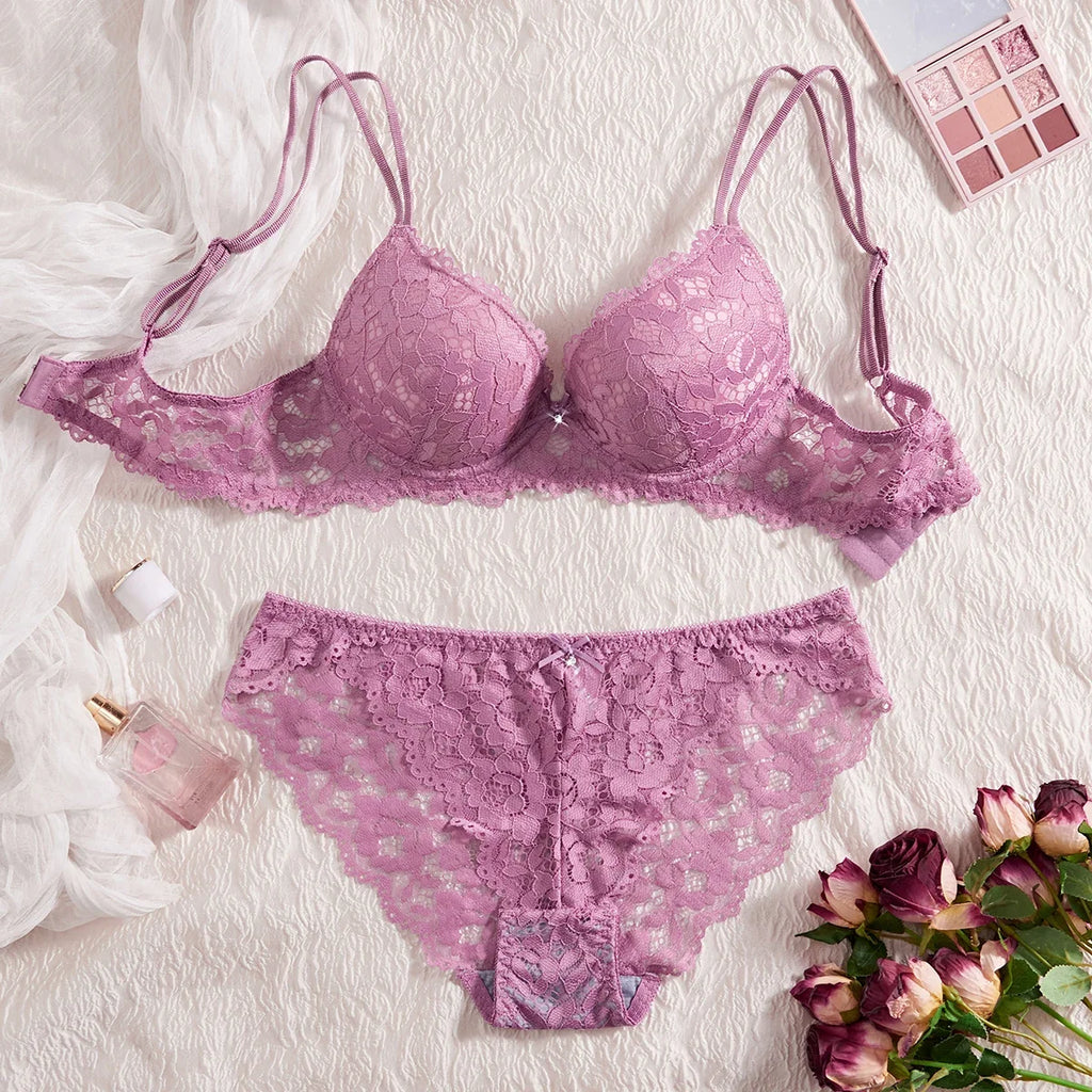 6-Piece Set Women's Bra and Panties Set Sexy Patterned Lace Patchwork No Lining Comfortable Fitting Women's Push-Up Bra Women's Underwear Set