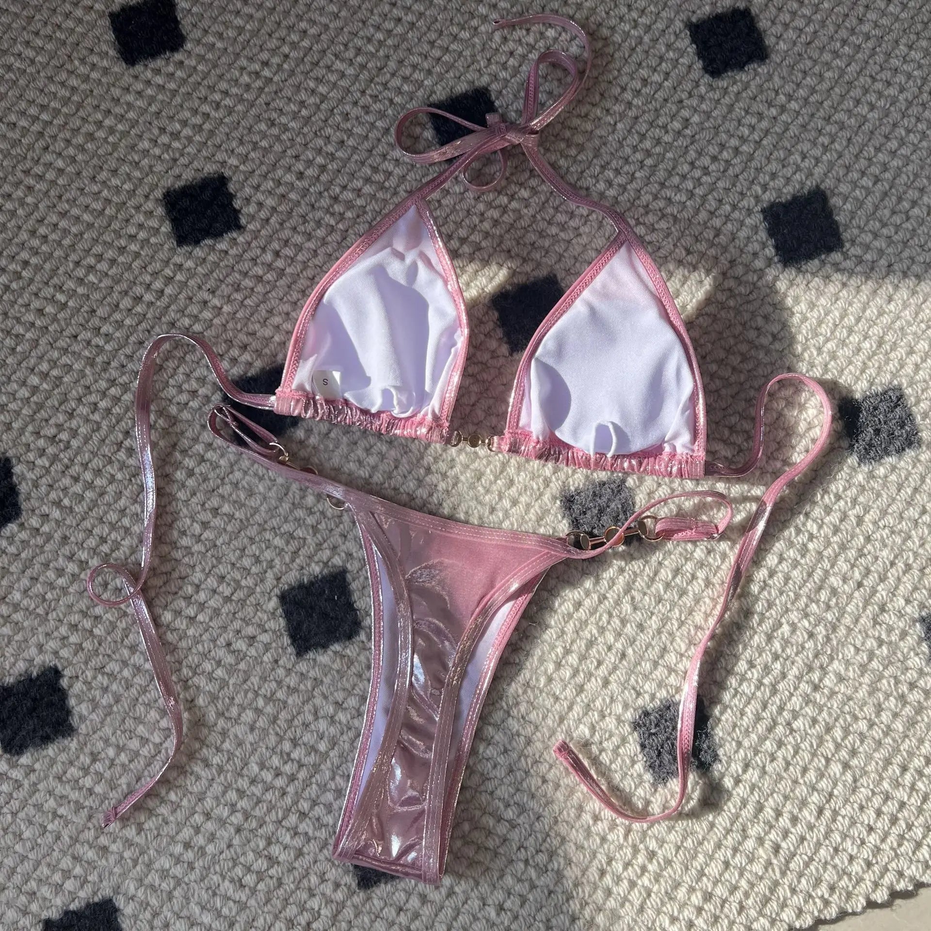 Shiny Pink Micro Bikini 2026 Mujer Women Sexy PU Pearls Push Up Thong Swimsuit Summer Bathing Suit Bandage Holiday Swimwear