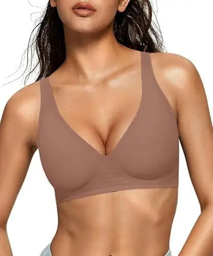Women's Deep V Solid Color Seamless Full Cup Bra Wire-Free Comfortable Supportive Wire-Free Bra T-Shirt Push-Up Bra Underwear