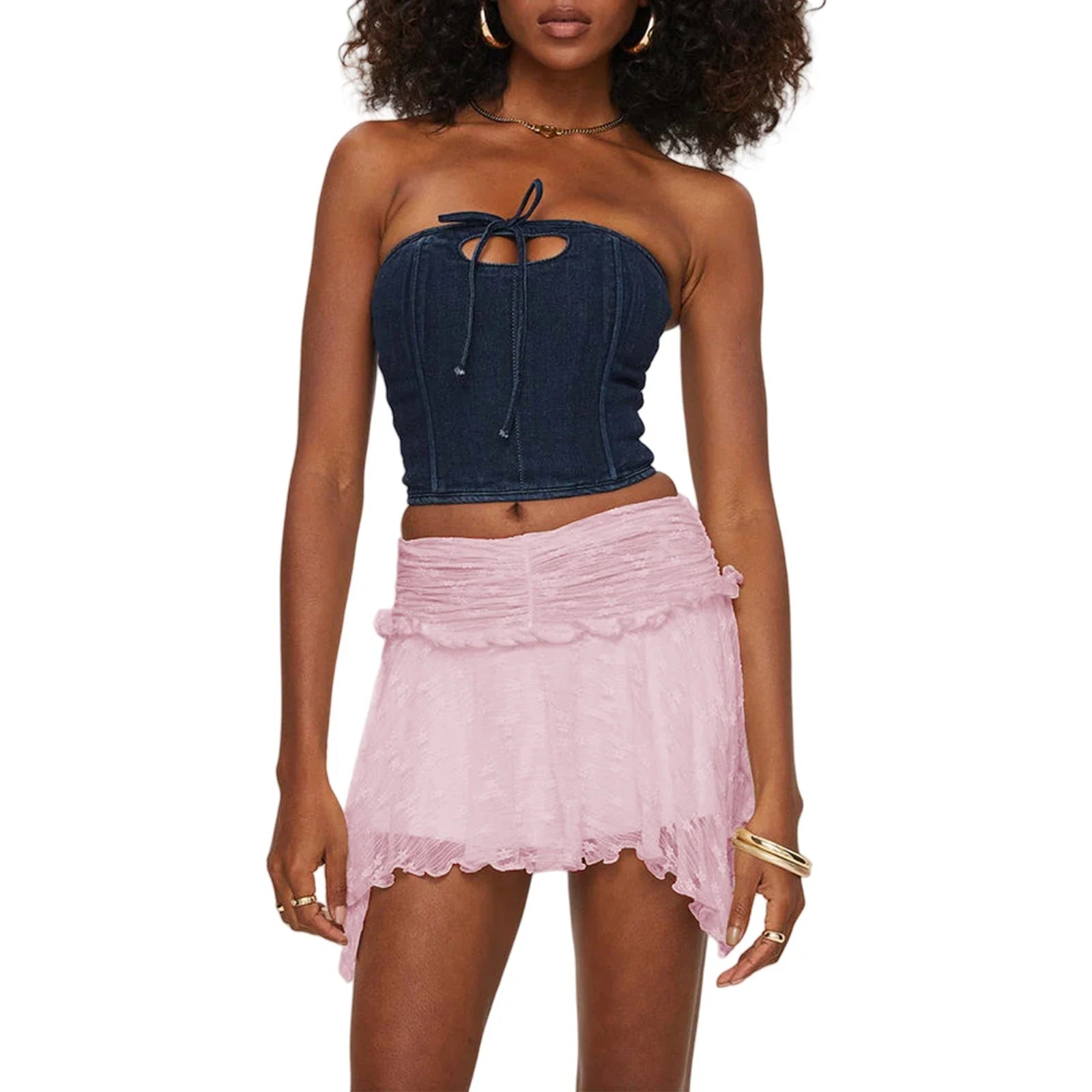 Women's Solid Color Gothic Mini Skirts Lace Ruched High Waist Skirts Spring Summer Irregular Hem Casual Skirts