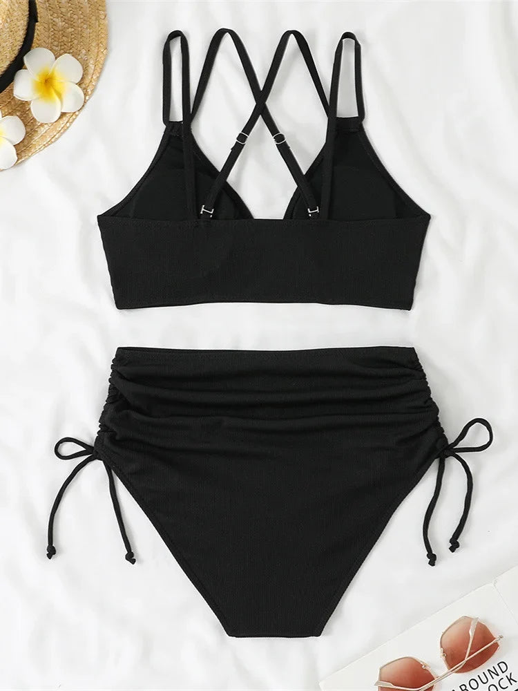Women's Two Piece Swimsuit Black Double Strap Push Up Pleate Drawstring Side High Waist Bikini 2025 Beach Bathing Suit Swimwear