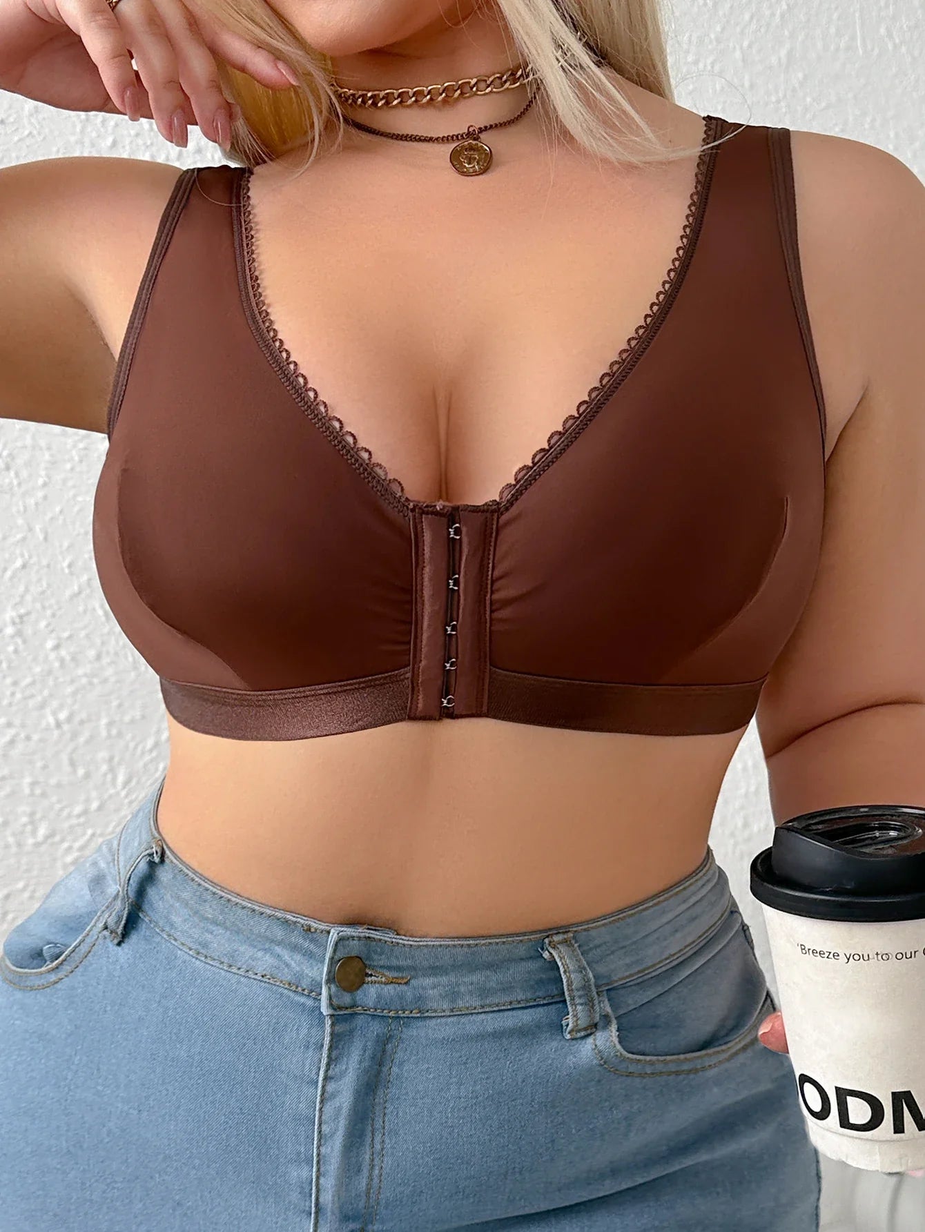 Everyday Wide Straps Plus Size Bra for Women Unlined Solid Wireless Push up Bra Front-Close Soft Side Support Women's Bra