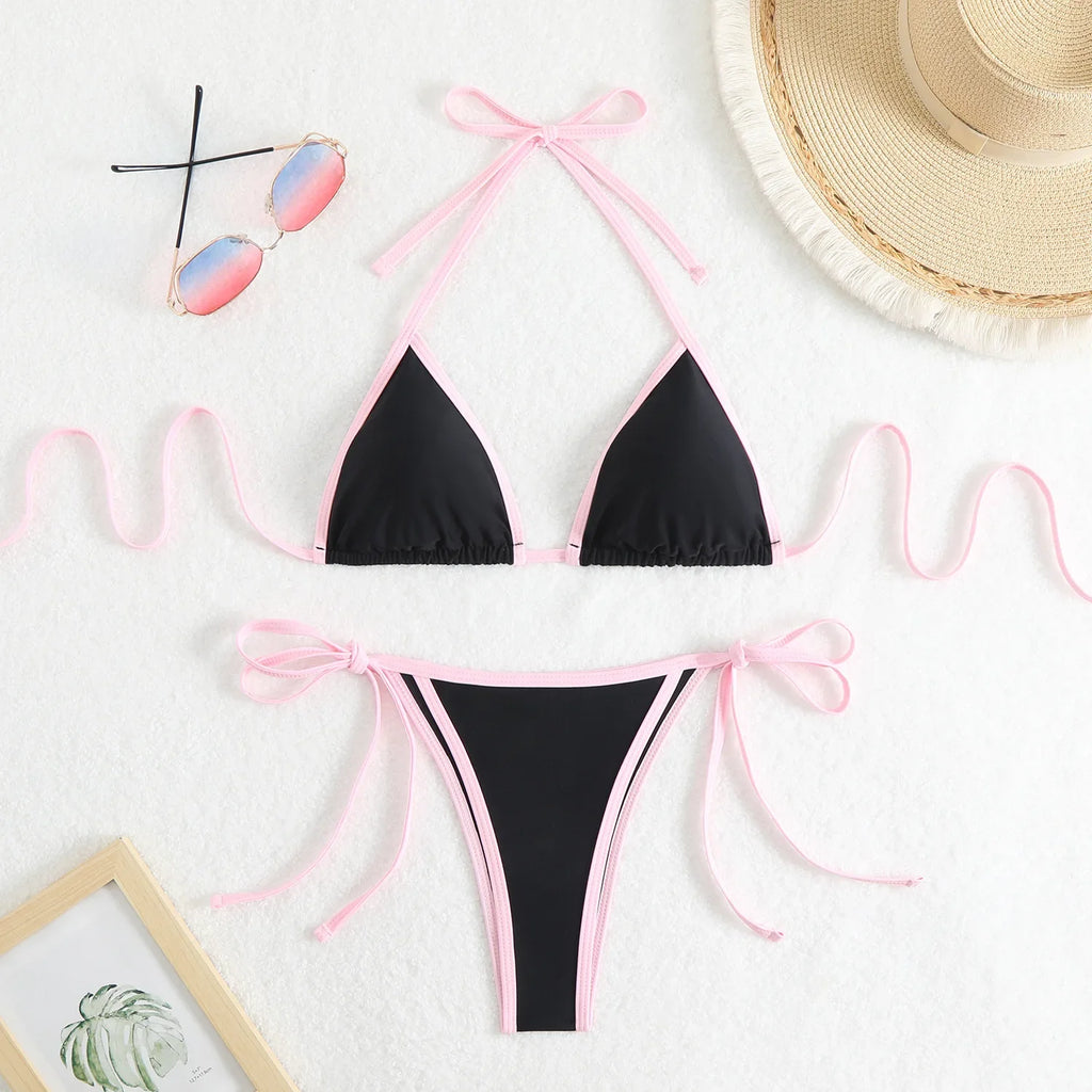 Sexy Micro Bikini 2025 Women Pink Blue Contrast Push Up Tie Side Thong Swimsuit Brazilian Beach Bandage Bathing Suit Swimwear