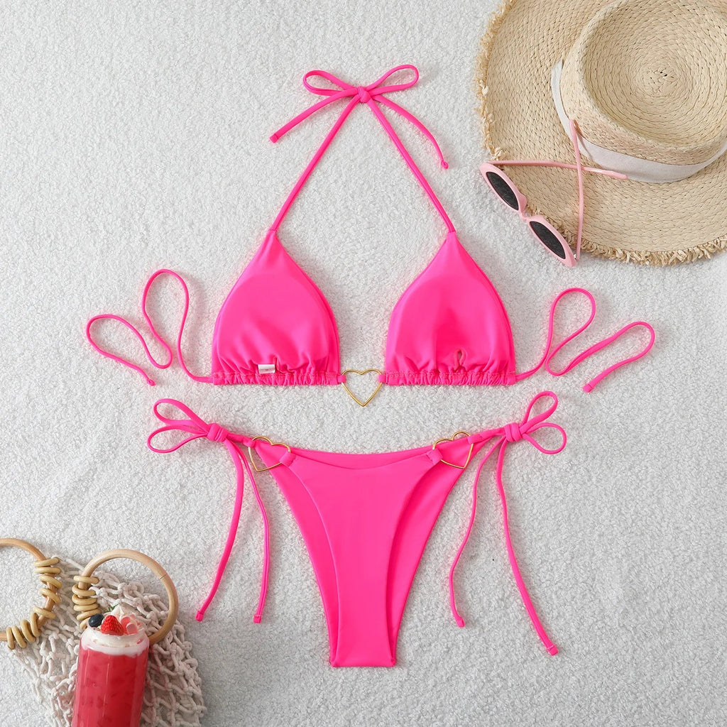 Sexy Metal Heart Ornament Bikini Set 2026 Women Blue Pink Halter Push Up Bra Thong Swimsuit Beach Bathing Suit Vacation Swimwear
