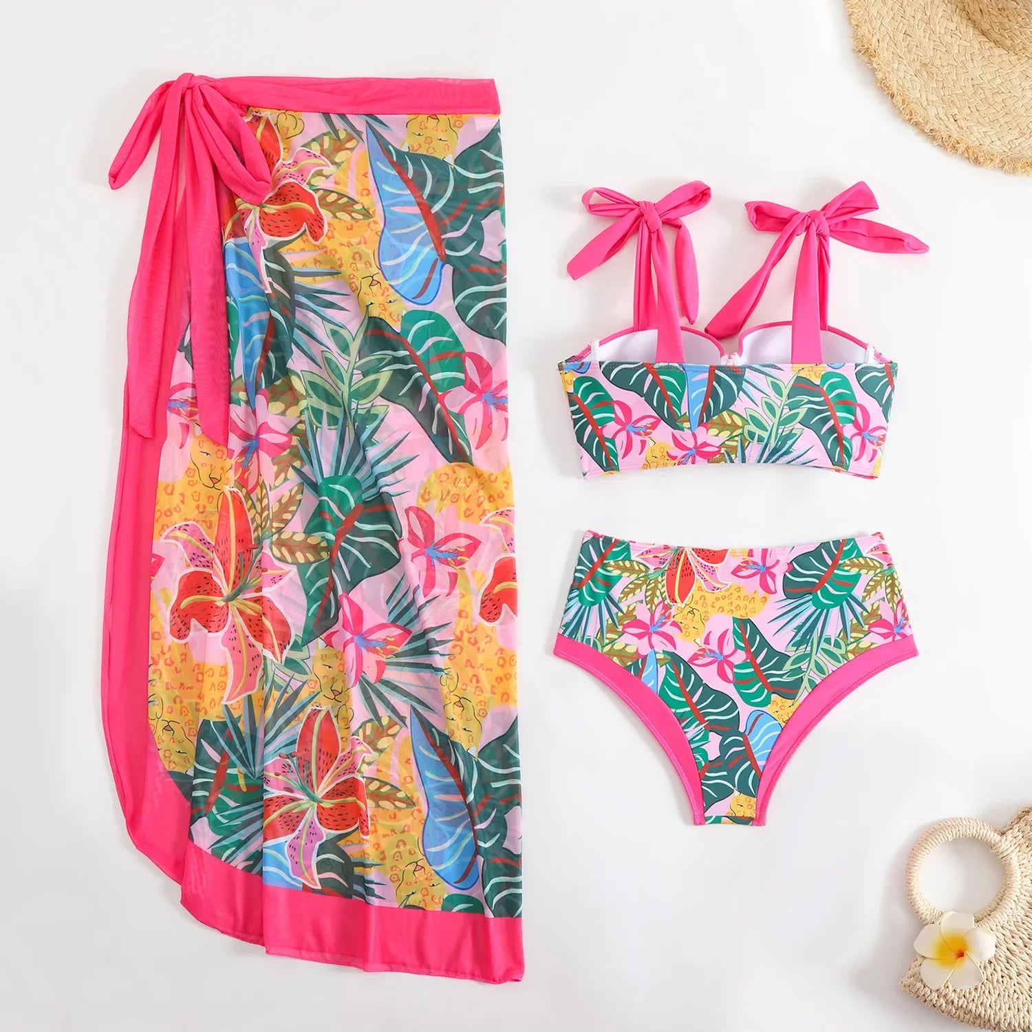 Vintage Green Leaves Print Bikini Set 2026 Women Tie Strap Push Up Underwire Long Skirt 3 Piece Swimsuit Bathing Suit Swimwear
