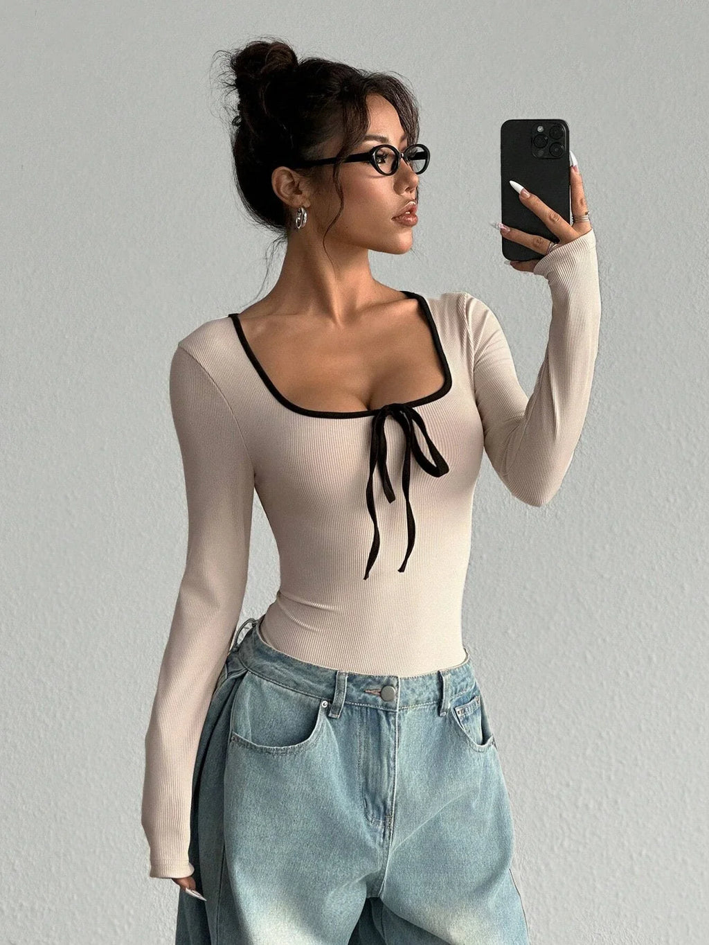 Women's Sexy U-Neck Bowknot Color Block Long Sleeve Bodysuit Casual Slim Fit Rib-knit Bodycon Spring/Fall Streetwear