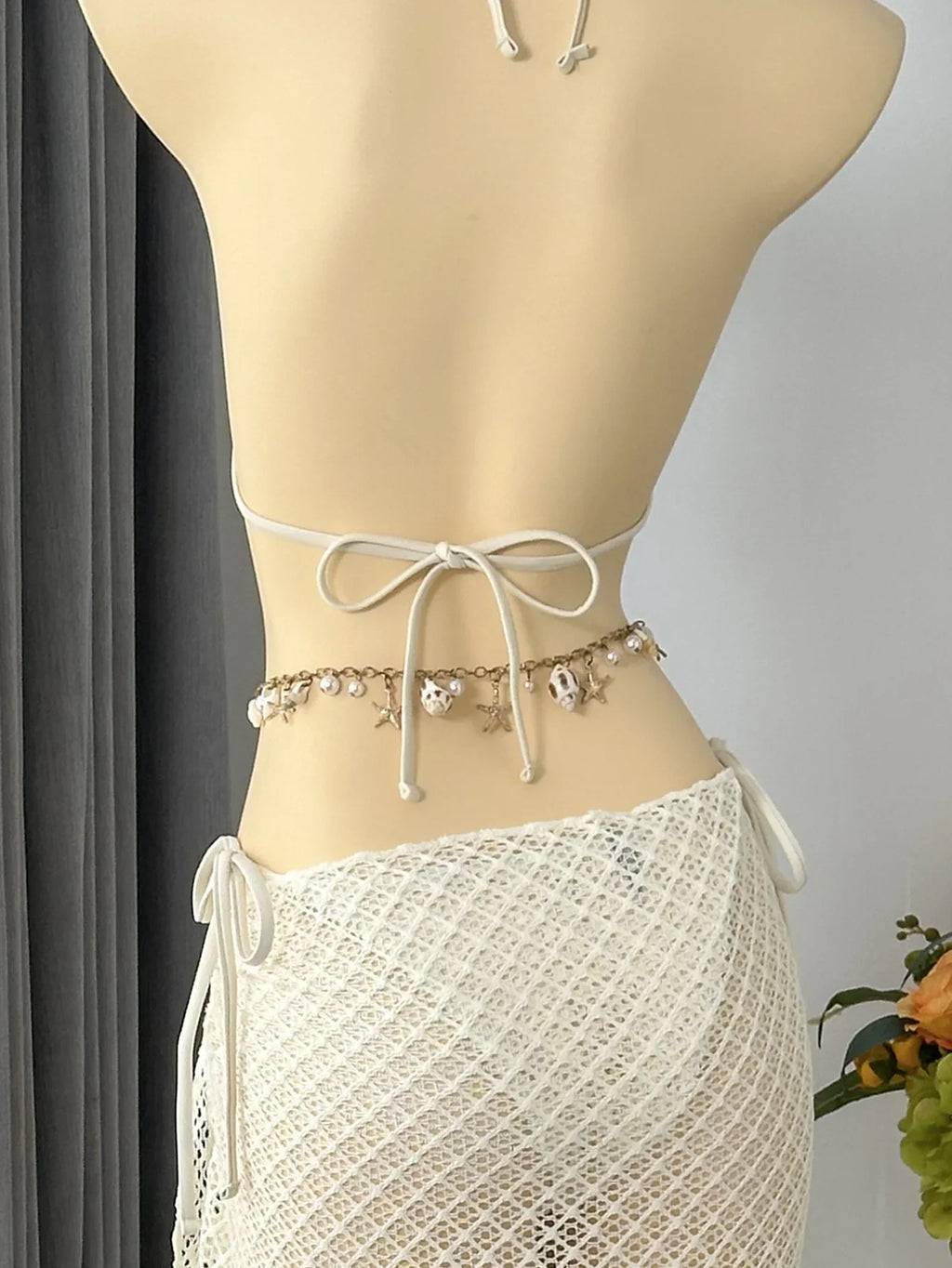 Vintage Beige Black Mesh Skirt 3 Piece Bikini Set 2026 Women Metal Chain Strap Push Up Bra Swimsuit Beach Bathing Suit Swimwear