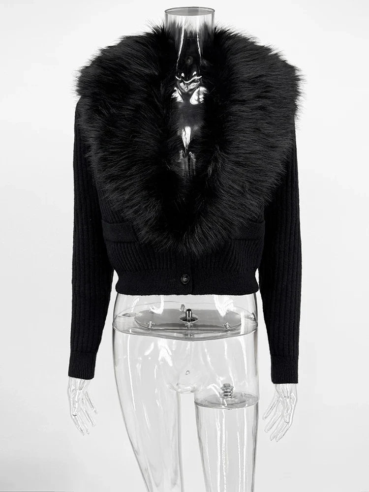 Trendix Black Knit Cardigan For Women Winter Detachable Faux Fur Collar Short Tops Street Slim Party Elegant Outerwear Top Femme