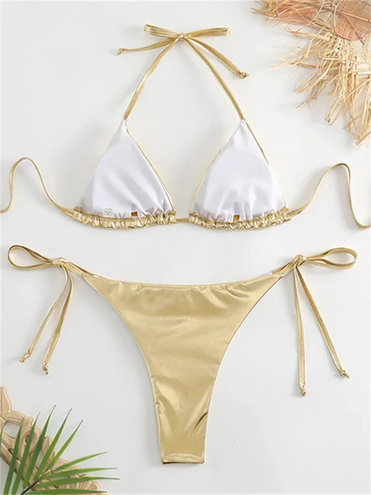Sexy Brozing Gold Bikinis Sets Women Push Up Micro Bikini Swimsuit 2026 Brazilian Beach Bathing Suit Tie Side Triangle Swimwear