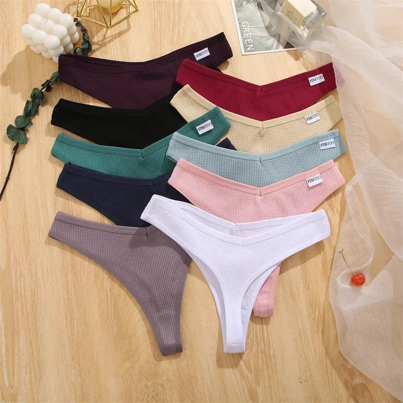 New 7Pcs Women Cotton Waffle Style G-string Panties Ladies Soft Thongs Female S-XL Low-Rise T-Back Panties Bikini Underwear 2024