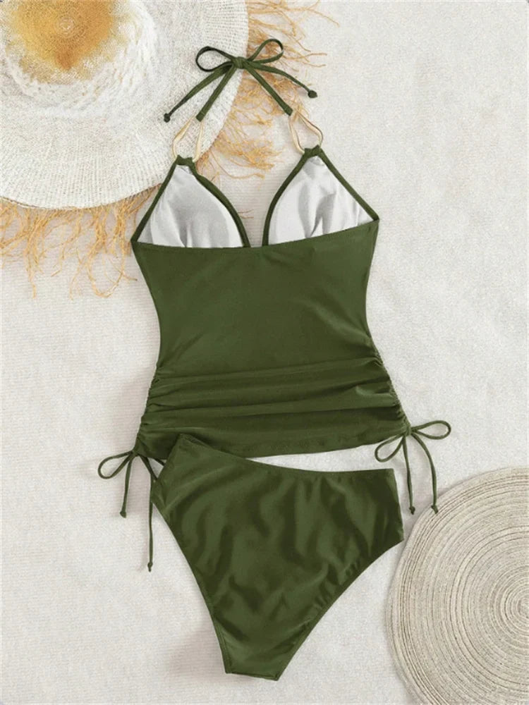 Vintage Black Two Piece Bikini Set 2026 Women Metal Buckle Strap V Neck Pleate Tank Top High Waist Bikini Bathing Suit Swimwear