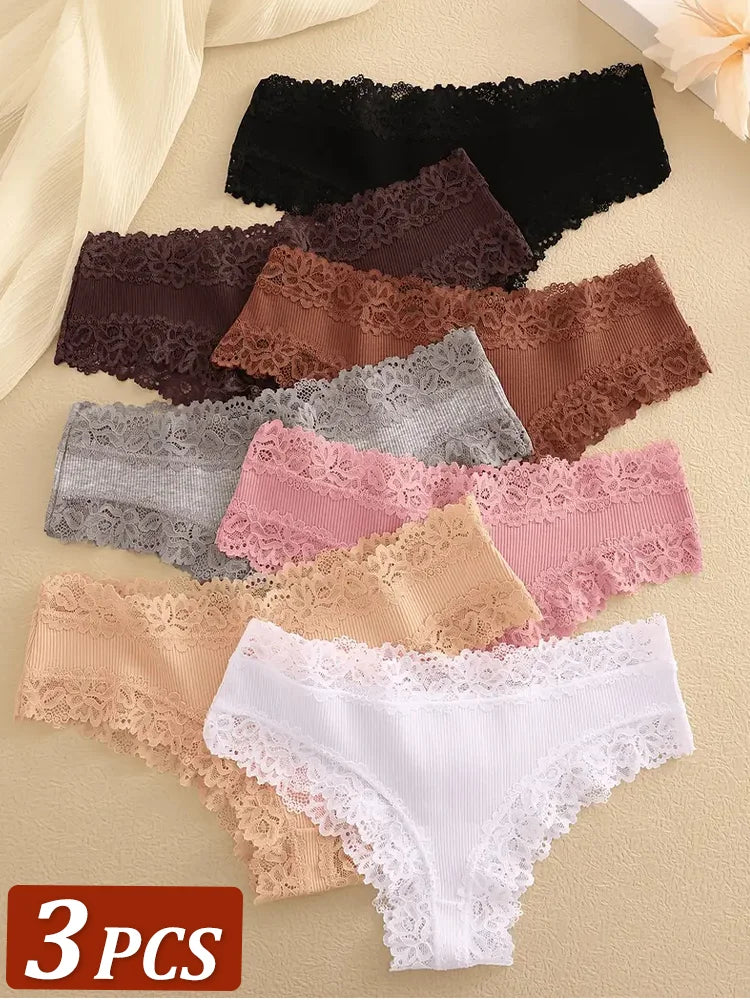 3Pcs Women Cotton Brazilian Pants Sexy Lace Brazilian Briefs Low Waist Floral Solid Color G-string Breathable Soft Lingerie
