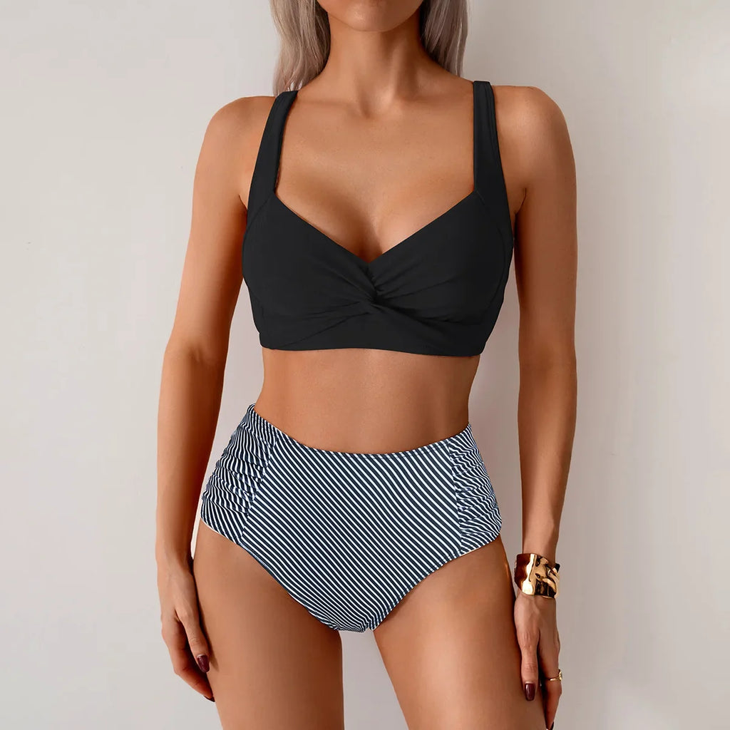 2026 Sexy Black Two Piece Swimsuit Women Solid Push Up Padded Bikini Set Beachwear Summer Swimwear High Cut Bathing Suit Biquini
