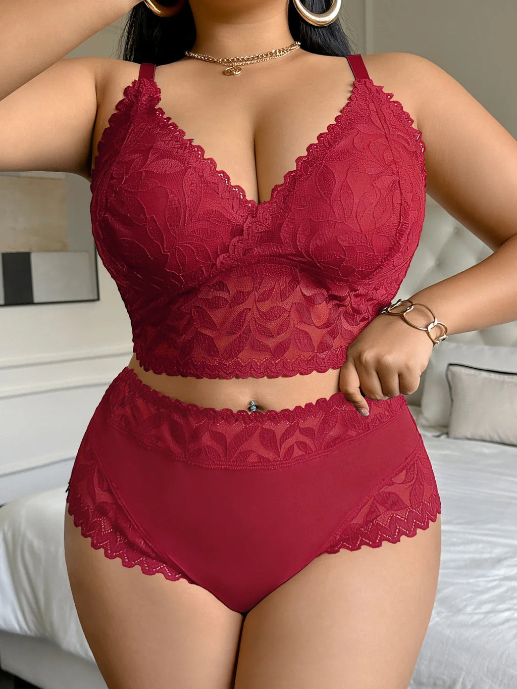 Sexy Plus Size Women's Underwear Set Floral Lace Unlined Wireless Bra Breathable Mesh Underwear Sexy Lingerie Set