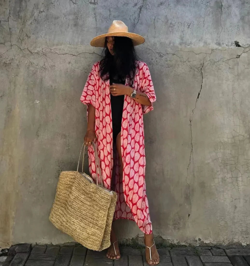 2024 New Summer Sexy Beach Kimono Swimwear Cotton Cover Up Swimsuit Women Print Bikini Cover Up Beachwear Dress Robe
