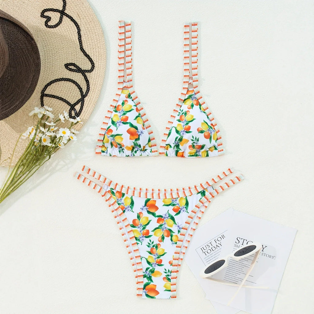 2026 Sexy Orange Print Micro Bikini Women Double Strap Push Up Bra Hollow Out Thong Swimsuit Beach Bathing Suit Holiday Swimwear