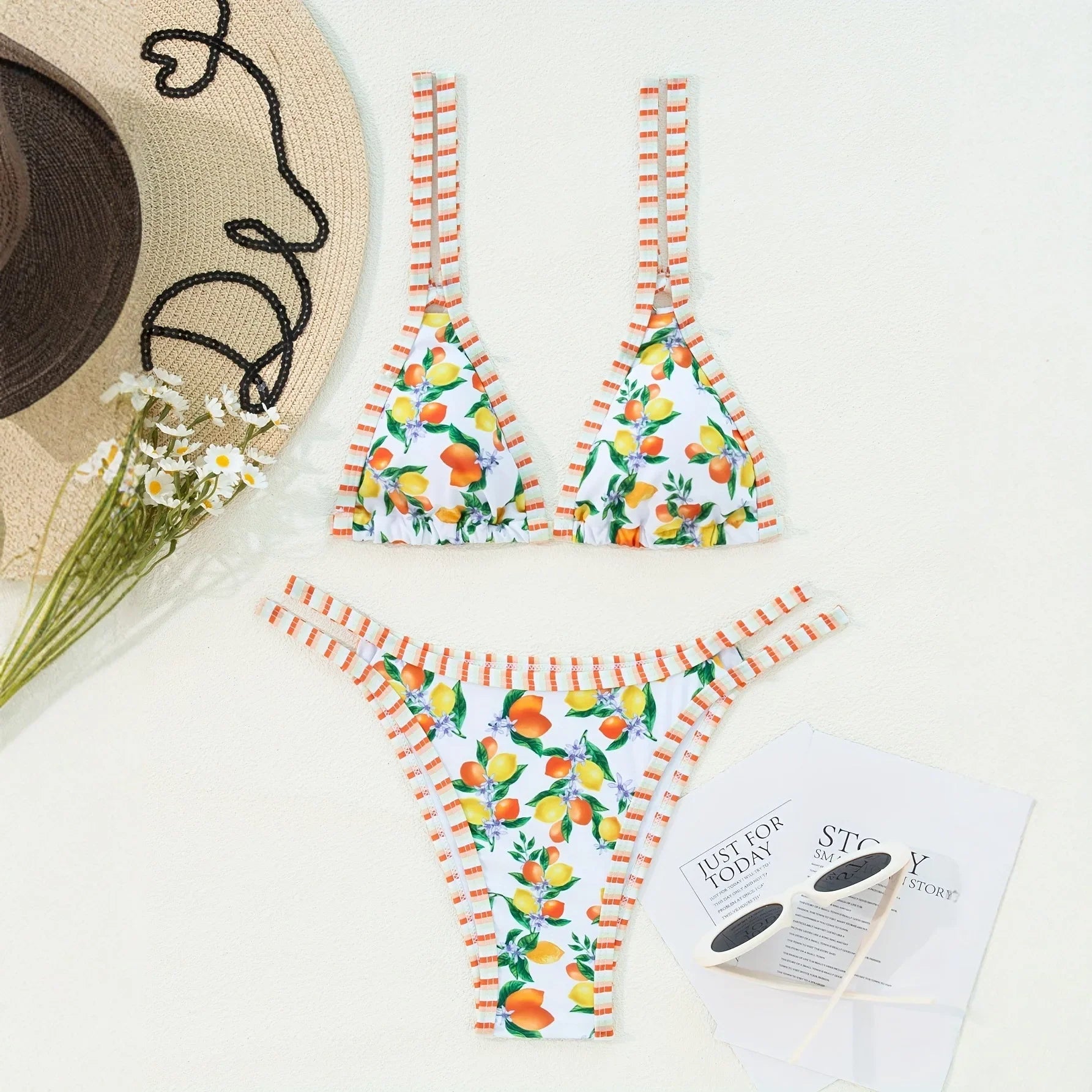 2026 Sexy Orange Print Micro Bikini Women Double Strap Push Up Bra Hollow Out Thong Swimsuit Beach Bathing Suit Holiday Swimwear