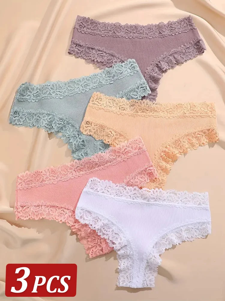 5Pcs Women Cotton Brazilian Pants Sexy Lace Brazilian Briefs Low Waist Floral Solid Color G-string Breathable Soft Lingerie