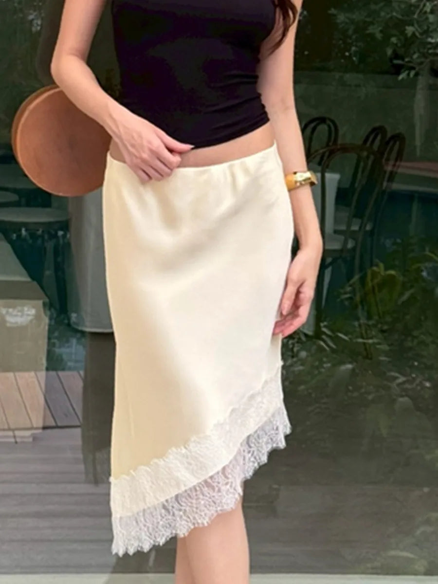 Summer Women Midi Skirt Vintage Low Waist Skirt Lace Trim Irregular Skirt Casual Bodycon High Waist Knee Length Short Skirt