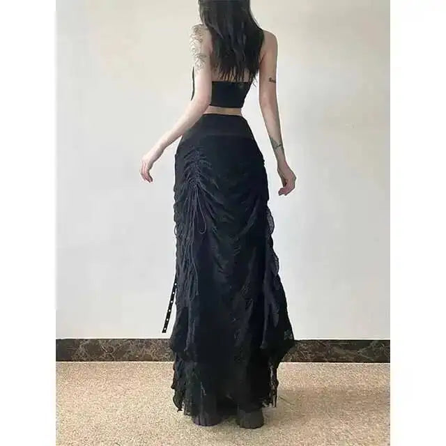 Y2K Lace Mesh Long Skirt Women Harajuku Vintage Patchwork Bandage Black Skirts Gothic Aesthetic High Waist Chic Long Skirts ODU6