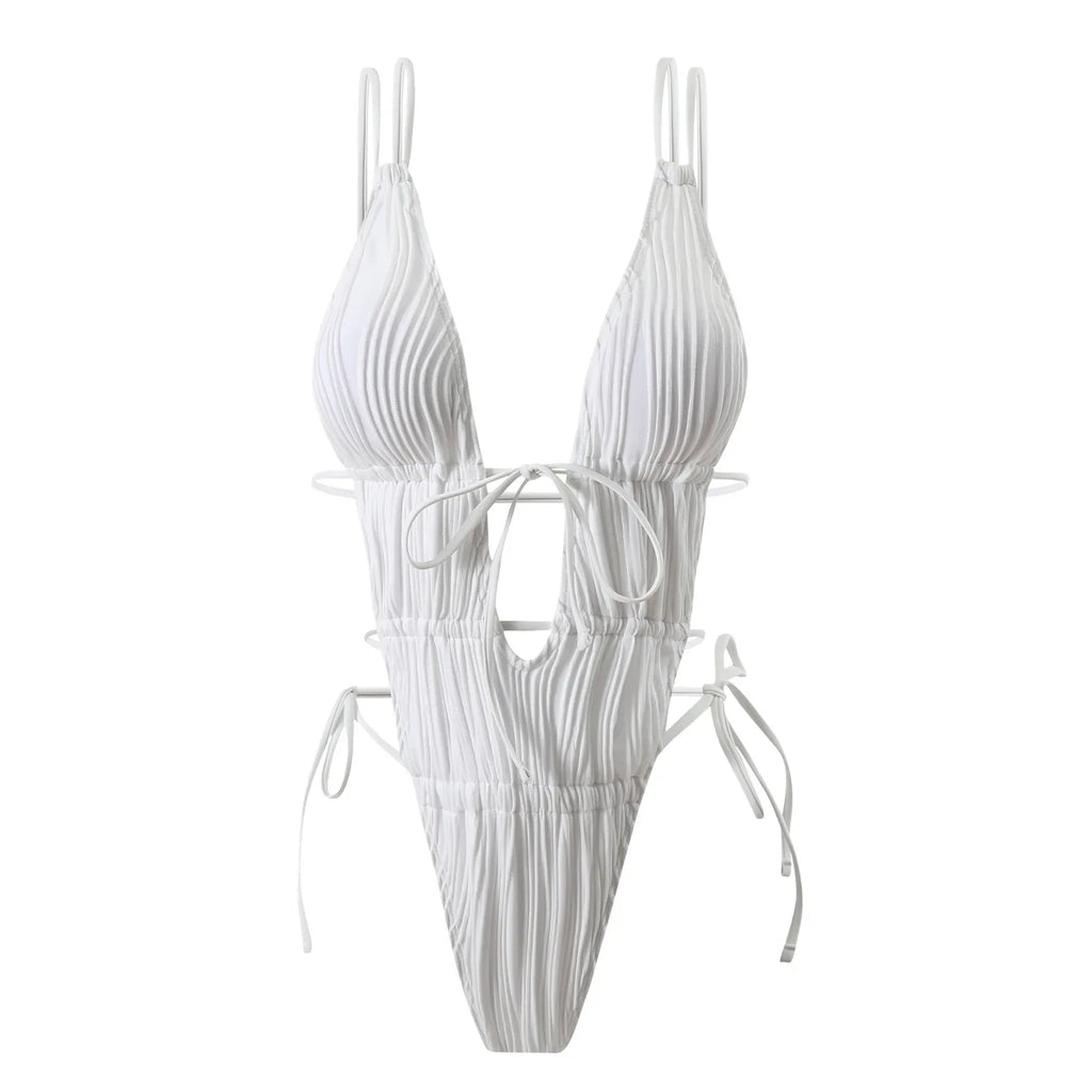 2026 New Deep V One Piece Black Swimsuit Halter Solid Color Women's Backless Bathing Suit Bandage White Swimwear For Female