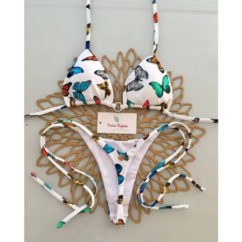 2026 Swimwear Women Cute  Cherry Print Brazilian Thong Bikini Set Sexy Thong Swimsuit Two Pieces Bathing Suit Women Beach Wear