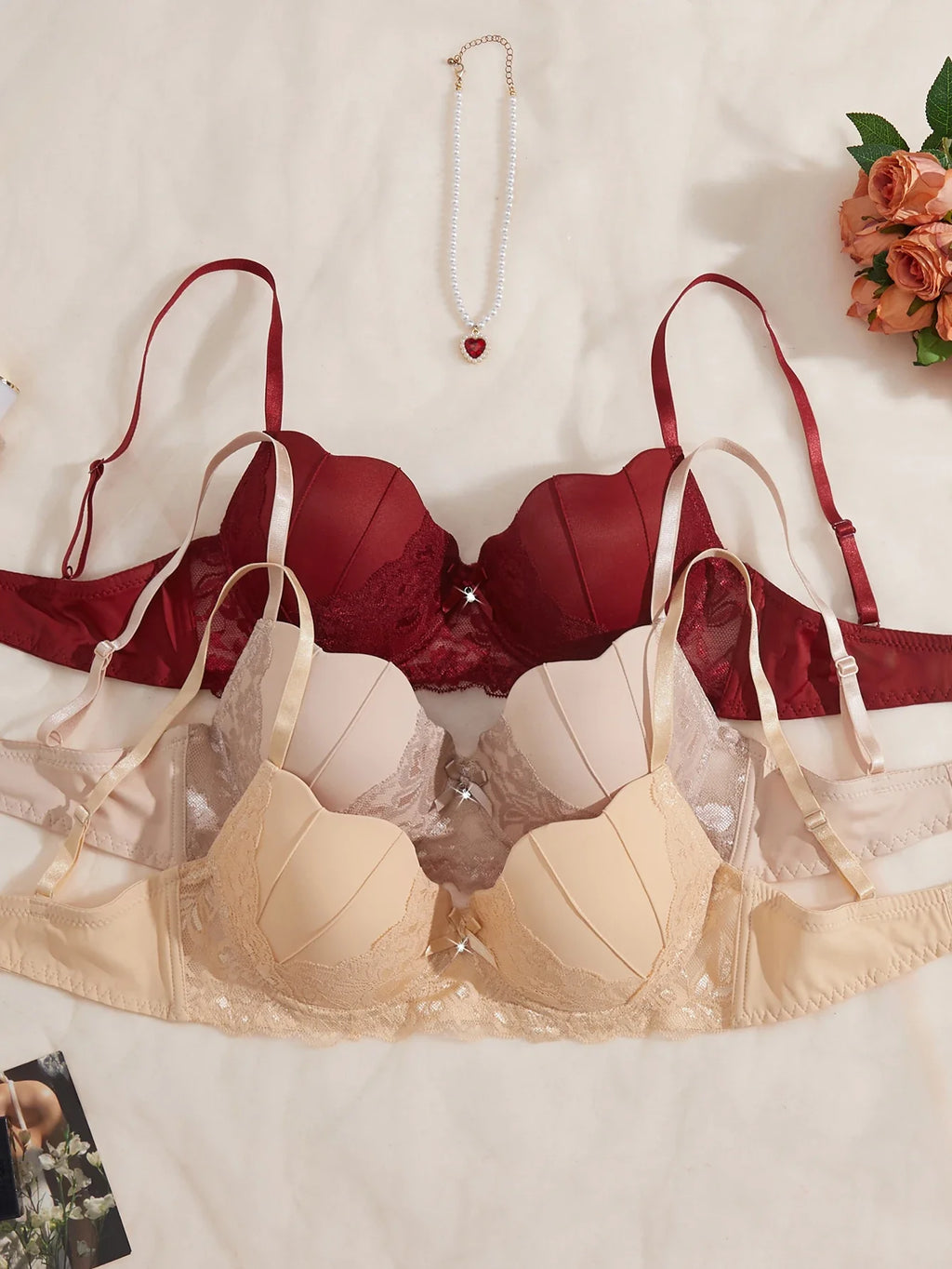 3, 6Pcs Elegant Bow Women's Underwear Set Lace Spliced Push up Bras French Soft Women's Bra Lingerie Underwear