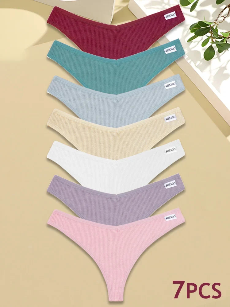 New 7Pcs Women Cotton Waffle Style G-string Panties Ladies Soft Thongs Female S-XL Low-Rise T-Back Panties Bikini Underwear 2024