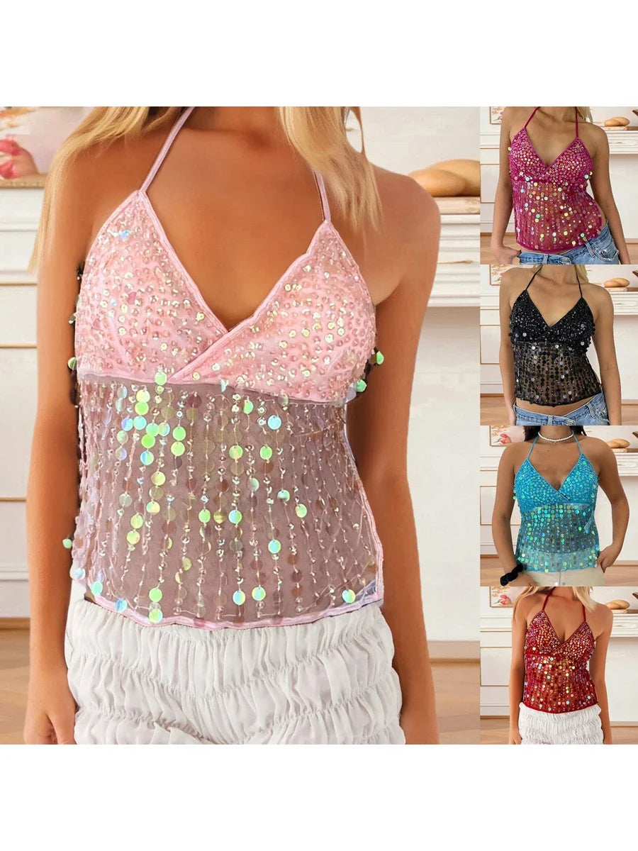 Women's Solid Color Halter Neck Crop Tops Summer Sleeveless V neck Open Back Slim Fit Tie Up Sequins Camis Tops