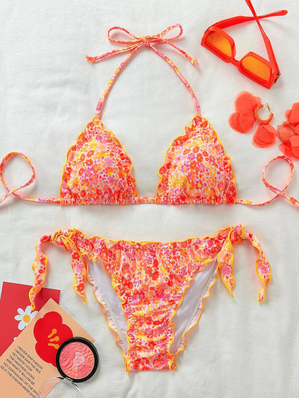 Cute Orange Floral Print Bikini Set Women Halter Ruffles Push Up Tie Side Thong Swimsuit 2026 Summer Bathing Suit Micro Swimwear