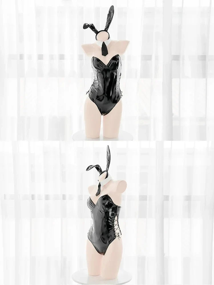 Mai Sakurajima Bunny Girl Cosplay Costume Women Sexy Lingerie PU Leather Bodysuit with Tie and Headband Set Anime Outfit