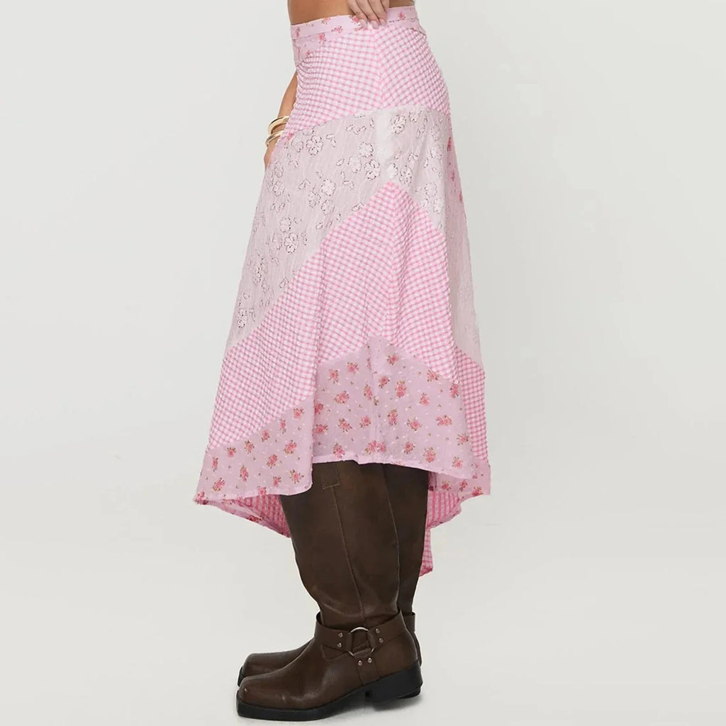 New Irregular Women Lace Flowy Midi Skirt Vintage Low Waist Floral Print Long Skirt Lightweight Summer Sexy Club Party Skirt