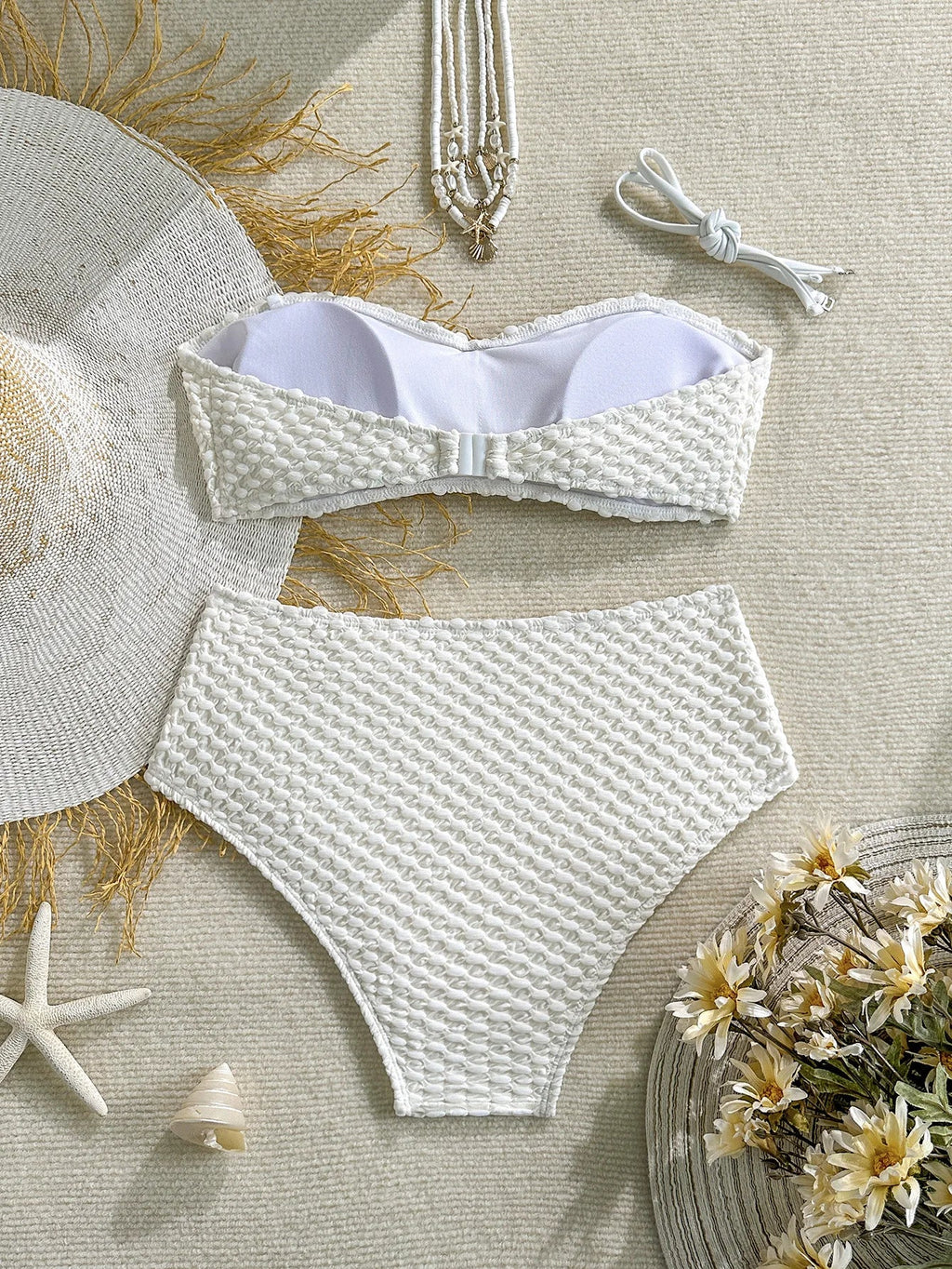 2026 2Pcs Sexy Bikinis Set Women High Waist Strapless Push Up Bra Solid Color Knot Padded Bras Briefs Bikini Swimwear Swimsuit