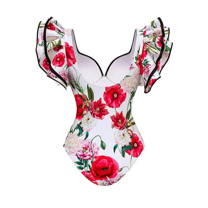 Vintage Ruffles Red Floral Print One Piece Swimsuit and Skirt Set Swimwear 2024 Push Up Underwire Bathing Suit Padded Monokini