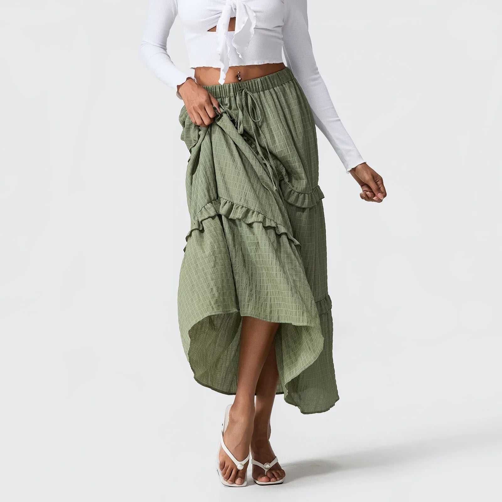 Elegant Women Long Tiered Skirt Summer Autumn Casual Ruffled Shirred Frill Trim Elastic Waist Drawstring A-Line Skirt Streetwear