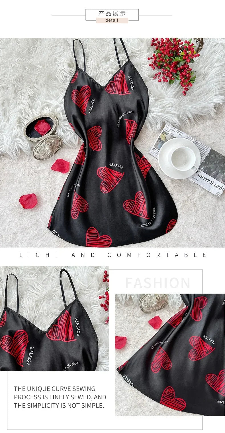 Valentine's Day Red Lip Print Satin Slip Straps Nightdress V Neck Backless Mini Sleep Dress Women's Nighties Sleepwear Dresses