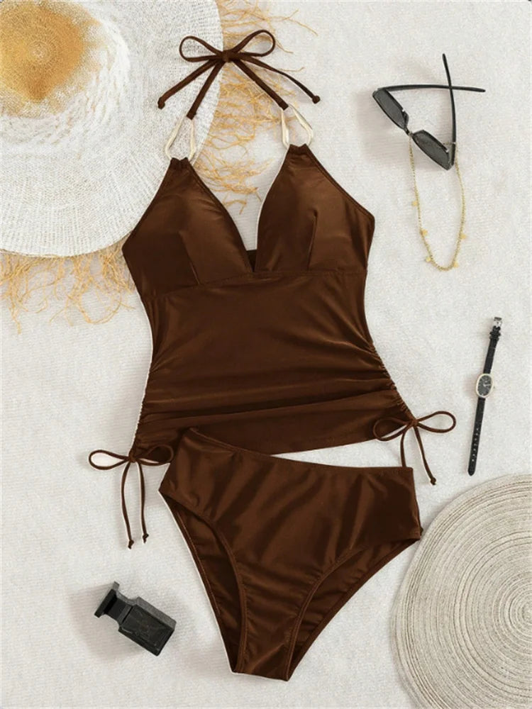 Vintage Black Two Piece Bikini Set 2026 Women Metal Buckle Strap V Neck Pleate Tank Top High Waist Bikini Bathing Suit Swimwear