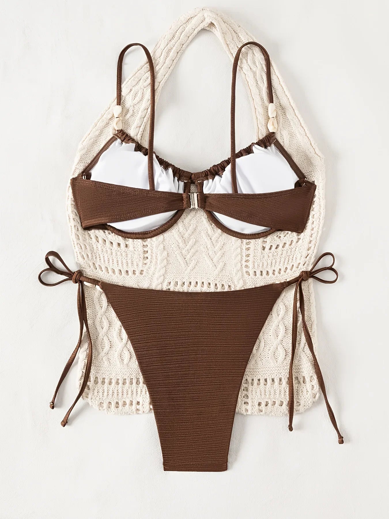 Sexy Tie Side Thong Bikini 2026 Women Brown Metal Chain Strap Front Tie Push Up Underwire Swimsuit Beach Bathing Suit Swimwear