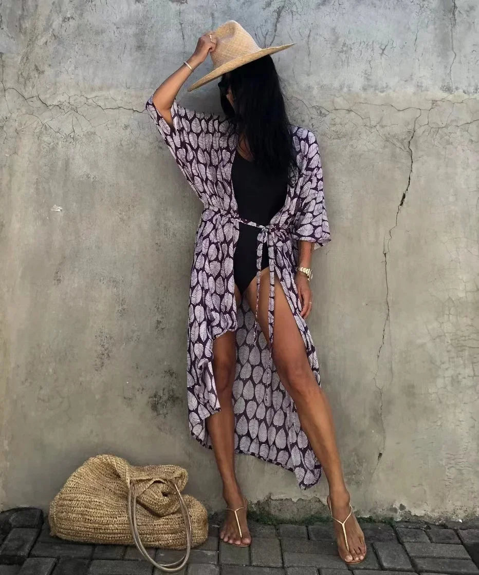 2024 New Summer Sexy Beach Kimono Swimwear Cotton Cover Up Swimsuit Women Print Bikini Cover Up Beachwear Dress Robe
