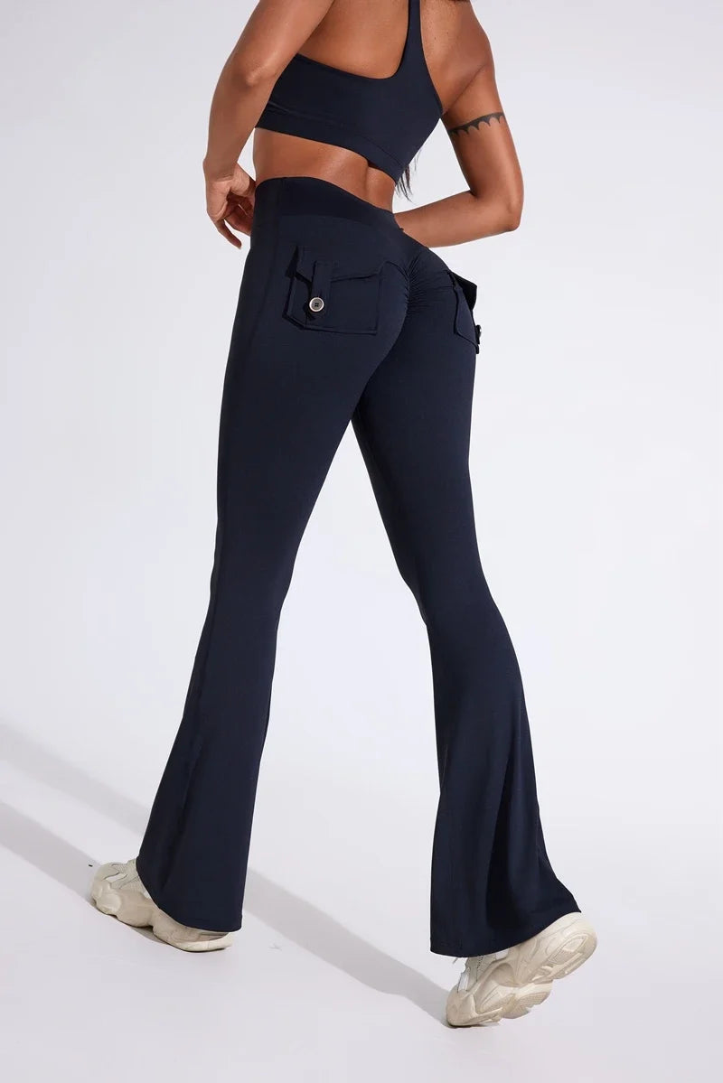 DIAS FIT JOY Women's pocket bell bottoms yoga high waisted hip lifting fitness pants quick drying running exercise fitness gym