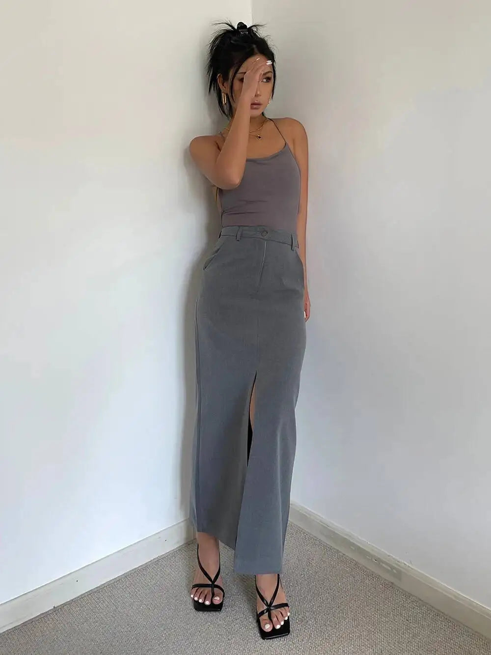 WOMENGAGA Retro High Waist Half Skirt Girl Bifurcate Slim A-LINE Gray Skirts Fashion American Spicy Girls 2023 New 5P2F