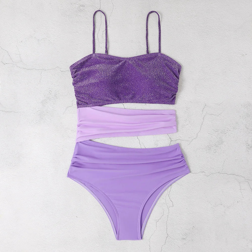 New Shiny Purple Contrast Swimsuit 2025 Women Halter Hollow Out Patchwork One Piece Swimwear Beach Bathing Suit Pleate Monokini