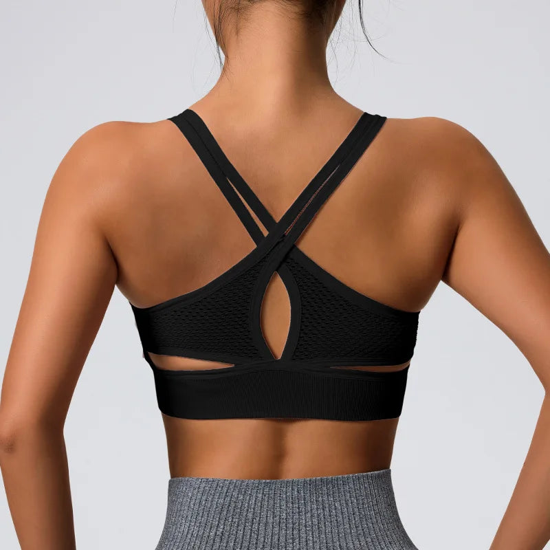 Color-blocked Yoga Top with Cross-straps Yoga Bra Stretchy Comfortable Breathable Sports Vest Wire-free Bra