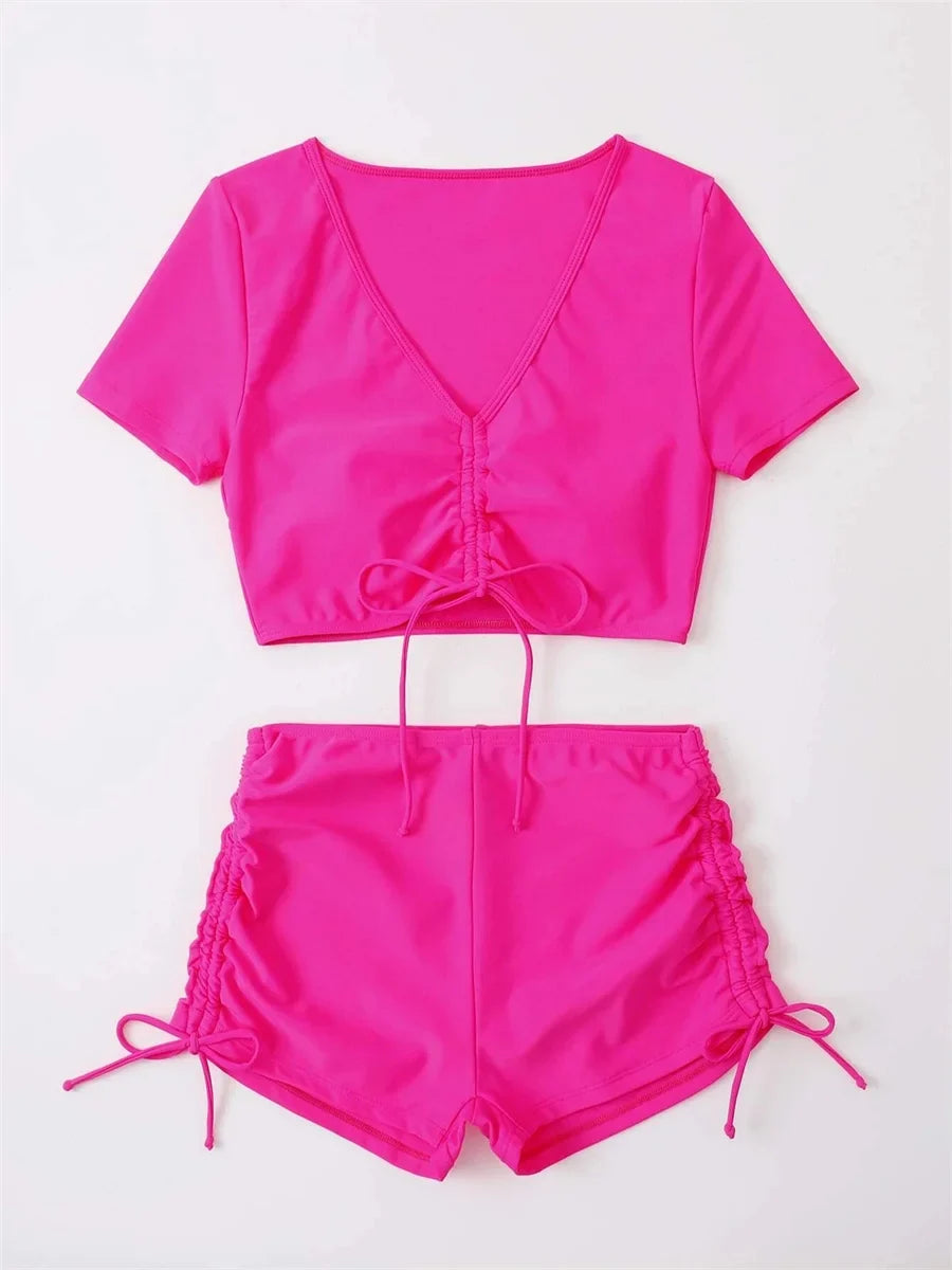 Sexy Drawstring Bikini Set 2026 Women Green Black Short Sleeve Two Piece Swimsuit Summer Bathing Suit Pleate High Waist Swimwear